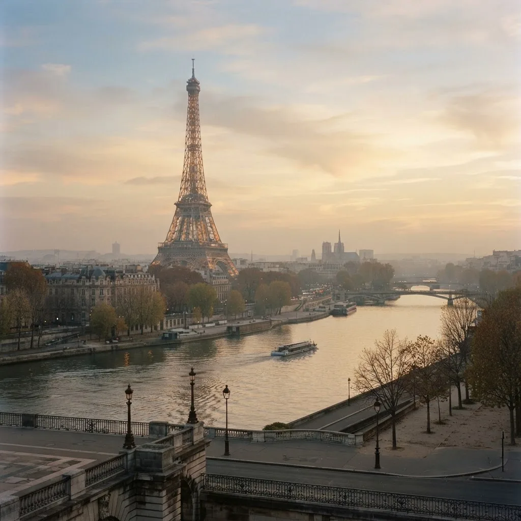 The Eiffel Tower and the Seine at dawn, a popular Schengen destination