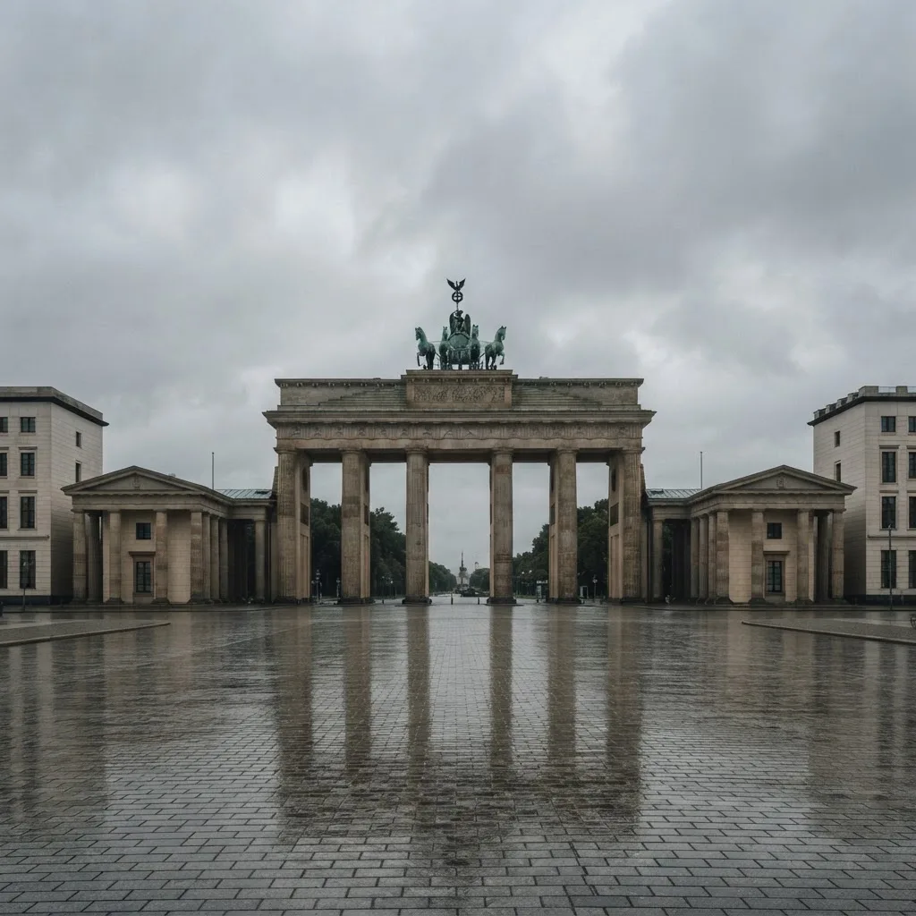 The Brandenburg Gate in Berlin on a rainy day