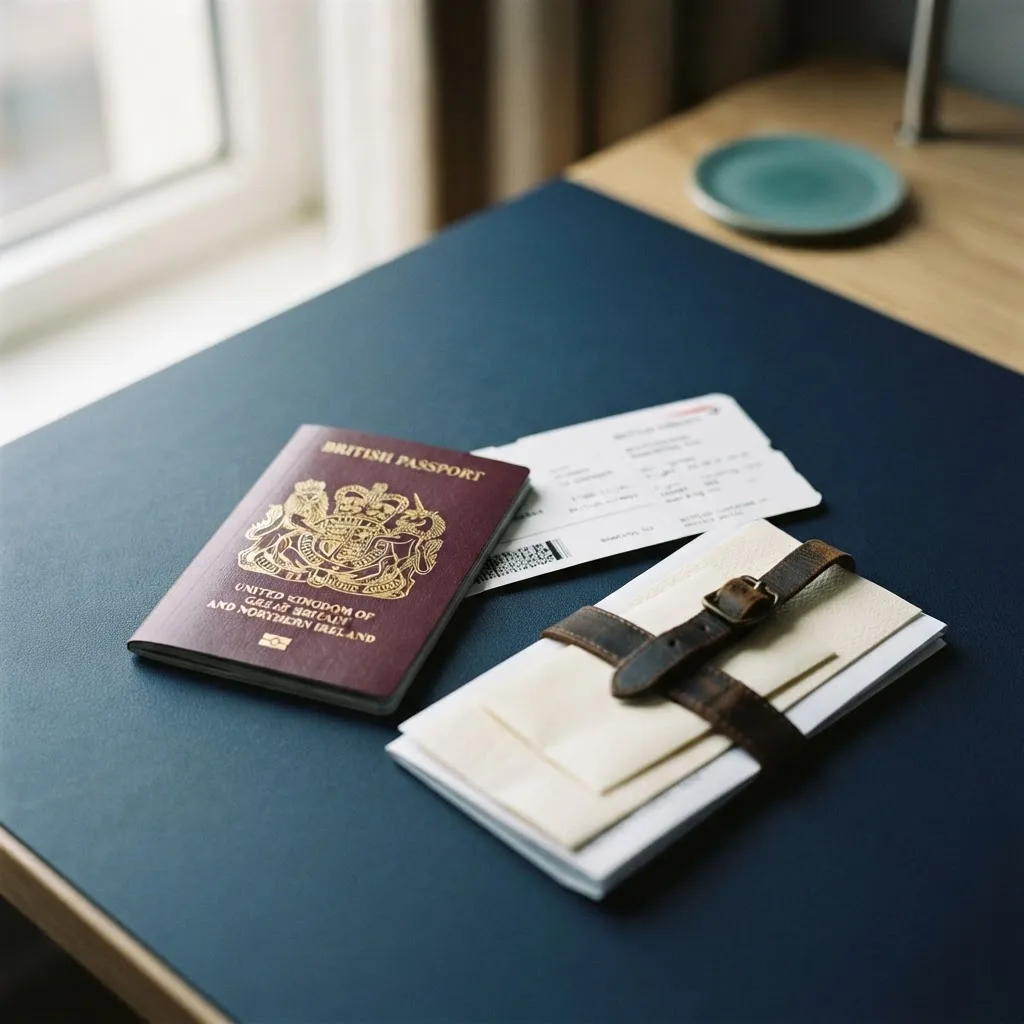 A British passport and travel documents arranged neatly on a desk